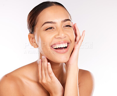Buy stock photo Beauty, skincare and face of happy woman on studio background with smile, glow and clean skin for cosmetic, makeup or dermatology result. Colombia aesthetic model excited about self care and wellness