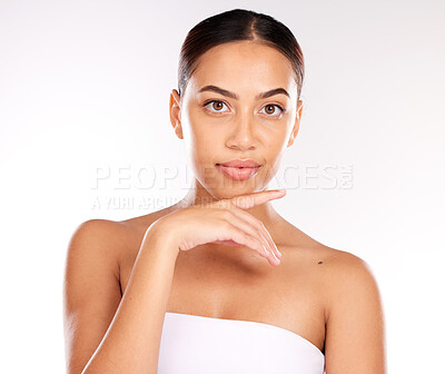 Buy stock photo Beauty, skincare and face portrait of model girl with luxury facial wellness routine, natural makeup or cosmetics treatment. Dermatology, spa salon or clean aesthetic black woman with healthcare glow