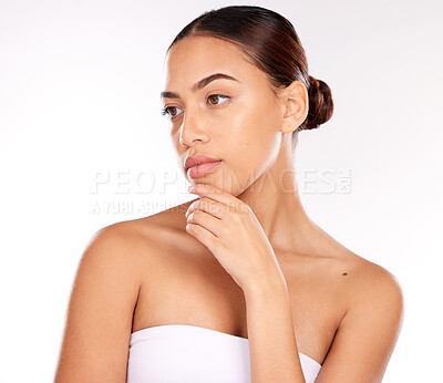 Buy stock photo Thinking, skincare and studio woman for beauty, cosmetics and makeup idea, inspiration or marketing on white background. Glow, shine and healthy skin care of young girl model for dermatology results