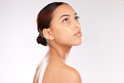 Buy stock photo Beauty, skincare and woman face glow from Brazil feeling healthy after skin wellness facial. Serious model with body shine after dermatology, luxury spa and cosmetics treatment for wellbeing