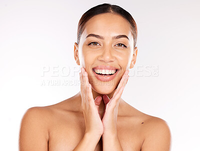 Buy stock photo Portrait of woman, skincare and beauty cosmetics for shine, wellness or healthy glow on studio background. Happy model touching face after facial laser aesthetics, chemical peel and clean dermatology