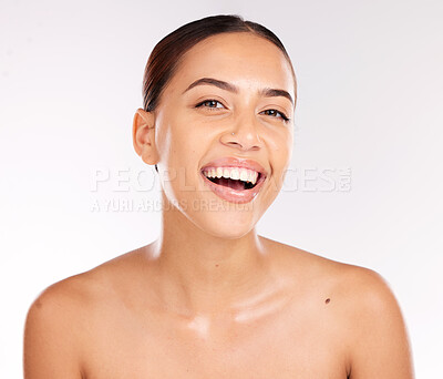 Buy stock photo Beauty, skincare and smile with portrait of woman for glow, luxury and facial product. Wellness, spa and dermatology with face of girl model for natural, self care or clean in white background studio