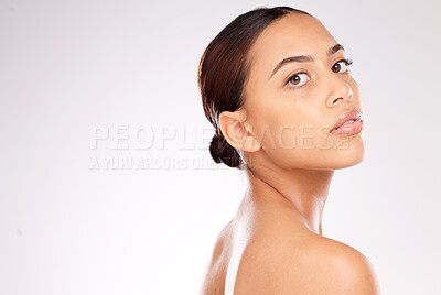 Buy stock photo Beauty, face and skin with woman and glow in portrait, cosmetic advertising with skincare and wellness glow mockup. Clean, natural cosmetics headshot and makeup, facial care against studio background