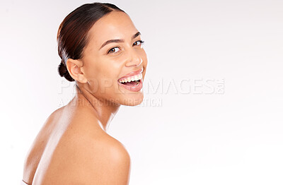 Buy stock photo Beauty, skincare and happy with woman skin and face, teeth with natural cosmetics mockup, facial and treatment for body. Makeup, cosmetic portrait and smile for wellness and glow with studio backdrop