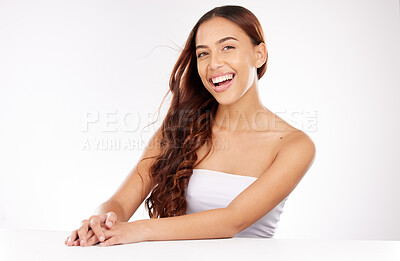 Buy stock photo Hair, skincare and portrait of woman in beauty salon studio with cosmetics, aesthetic and natural makeup promotion on mockup space. Happy woman, youth model and hair care, headshot or marketing face