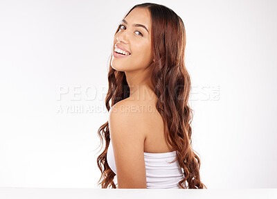 Buy stock photo Hair care, wellness and hair beauty of a woman happy about cosmetic hairdresser extensions. Hair salon treatment, model portrait and mockup or a person with happiness about keratin glow and shine