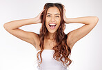 Excited, happy woman and wow face for beauty, skincare and cosmetic product surprise mockup on white studio background. Cosmetic sale, shopping discount and portrait of advertising, marketing and omg