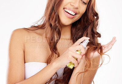 Buy stock photo Wellness, hair and spray woman for beauty styling care happy with luxury cosmetic product. Hair care, shine and curly aesthetic of model spraying texture on white studio background.