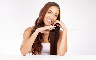 Buy stock photo Face, beauty and woman model portrait with happiness for natural, clean and wavy texture cosmetic. Health, happy and beautiful latino female with luxury hairstyle treatment in white studio with smile