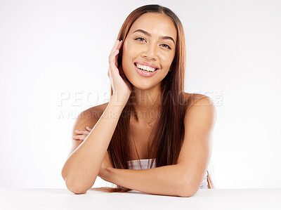 Buy stock photo Beauty, smile and woman in skincare mockup, clean and healthy skin with face treatment, hair care shine and cosmetic portrait with studio background. Facial, wellness and hair with natural cosmetics.