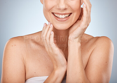 Buy stock photo Happy woman, skincare and beauty cosmetics for shine, wellness and healthy glow on studio background. Closeup of model touching face after facial, laser results and chemical peel for clean aesthetics