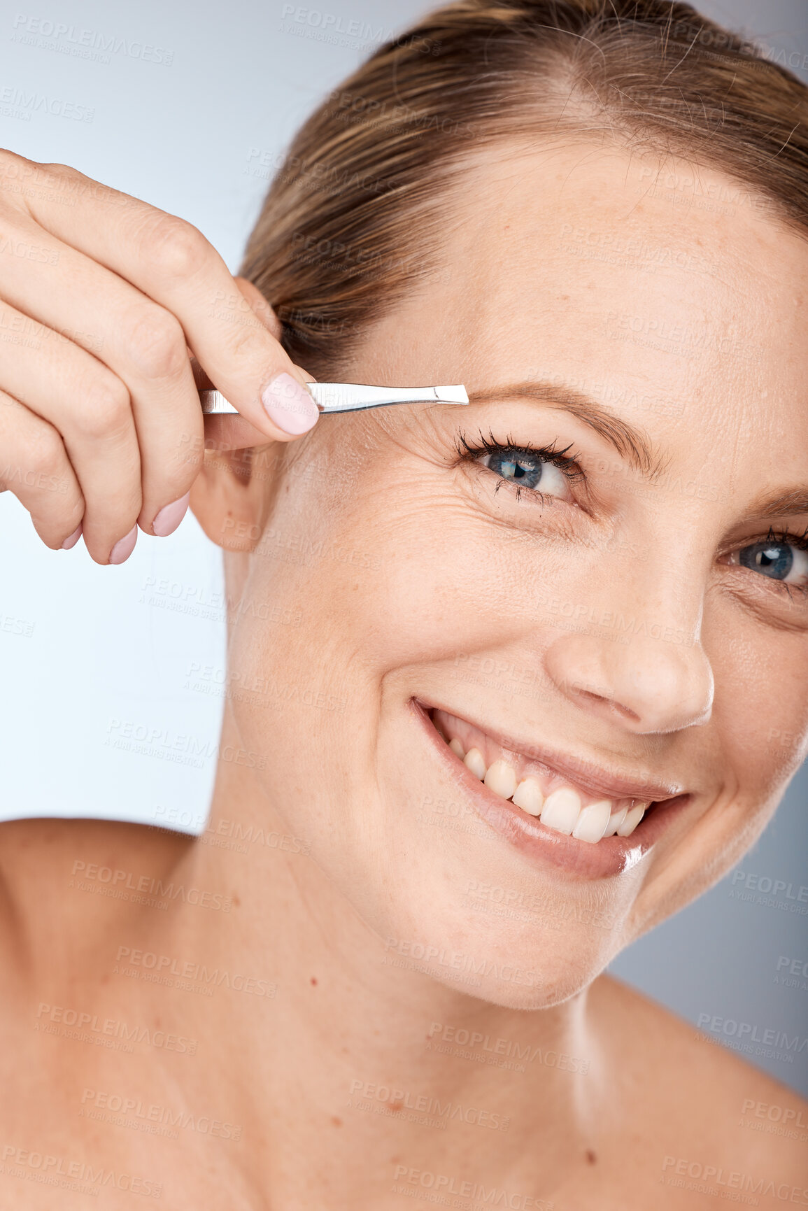 Buy stock photo Portrait of woman, tweezers and eyebrow hair removal for clean cosmetics, face and beauty on studio background in Australia. Happy mature model pull hair for brows shape, skincare and facial wellness