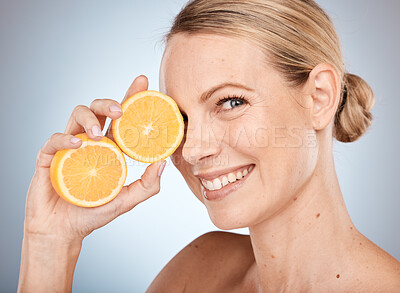 Buy stock photo Beauty, face and skin, woman with lemon for skincare and cosmetic portrait, healthy and vegan facial product, citrus and vitamin c. Detox, fruit and wellness, diy treatment with glow and smile.