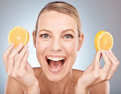 Buy stock photo Detox skincare, beauty and face of woman with lemon for glowing skin hydration, body care or anti aging. Diy exfoliate, diet and model portrait with fruit product for natural skin care treatment
