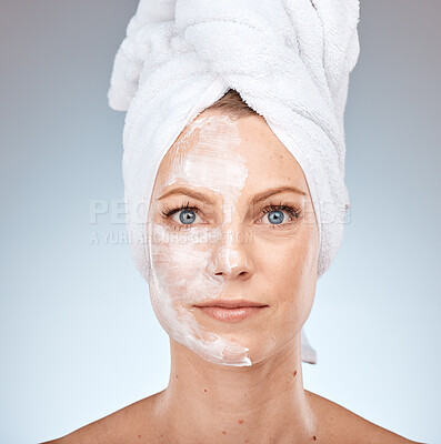 Buy stock photo Facial, beauty and woman with face and skincare, cosmetic product, lotion or cream for moisturizer in cosmetics portrait. Skin mask, detox for glow with clean, fresh mockup with shower and hygiene.