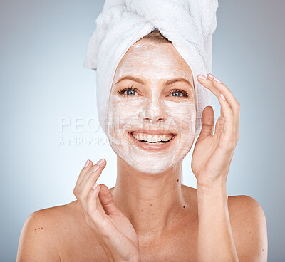 Buy stock photo Portrait of woman facial and skincare mask after shower, body cleaning and cosmetics for beauty, detox and wellness on studio background. Happy model, face mask product and aesthetic transformation