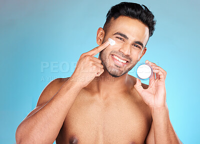 Buy stock photo Cream, man and face portrait of a man applying skincare for anti aging and smooth, soft skin. Skin care, beauty and moisturizer or lotion with a male apply facial treatment for cosmetic health