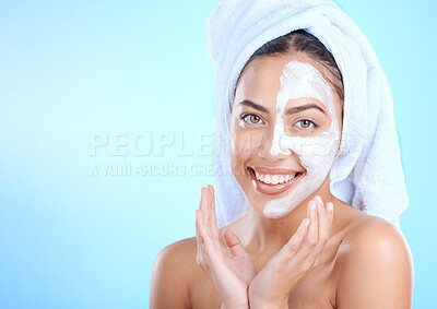 Buy stock photo Skincare mockup, beauty and model with face mask peeling for facial detox, hydration glow and collagen treatment. Mock up, spa salon and portrait woman with luxury cosmetics product for skin routine