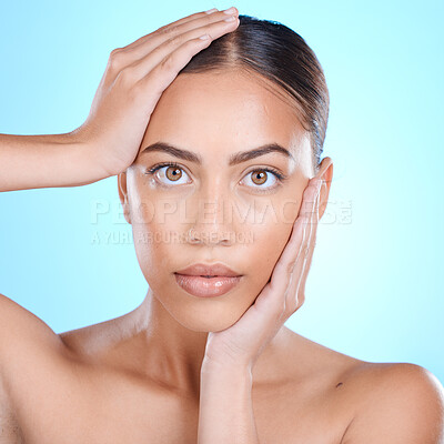 Buy stock photo Face, woman beauty and skincare for wellness or makeup aesthetic cosmetics or glowing skin on studio background. Calm, natural and young latino female model, clean face and healthy body dermatology