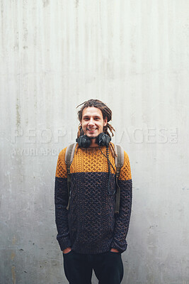 Buy stock photo portrait young man with dreadlocks smiling confident student with concrete wall background