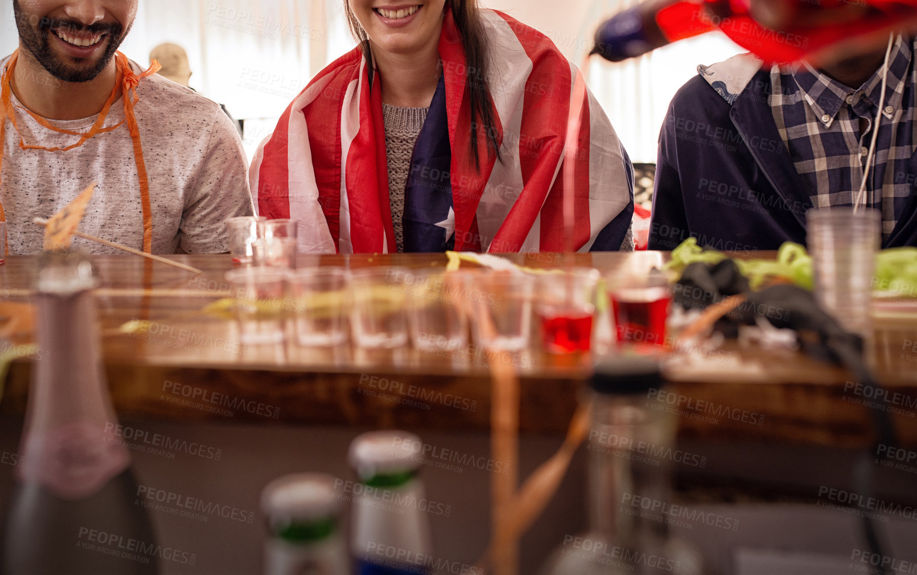 Buy stock photo People party, celebrate with alcohol shots and happy at college new year celebration, drink and holiday fun with drinks. Young men, woman celebrate and excited, house party with friends getting drunk