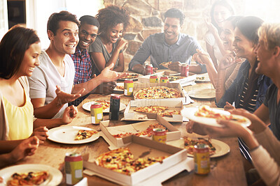 Buy stock photo Restaurant, pizza and group of people eating together for holiday celebration, birthday party or social event with diversity, happy and youth. Soda drink, food and fast food cafe with friends talking