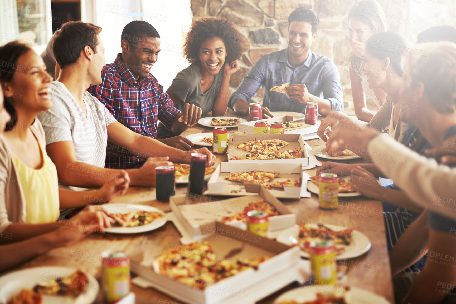 Buy stock photo Friends, happy with pizza at restaurant, fast food and soda with group on lunch or dinner date, happiness and nutrition. Food, friendship and meal at New York pizzeria, party and social gathering.