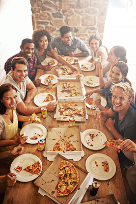 Buy stock photo Friends, portrait and pizza party, table and happy smile with diversity, social and celebration at a restaurant. Happiness people, fast food and social event while eating, celebrate and friendship
