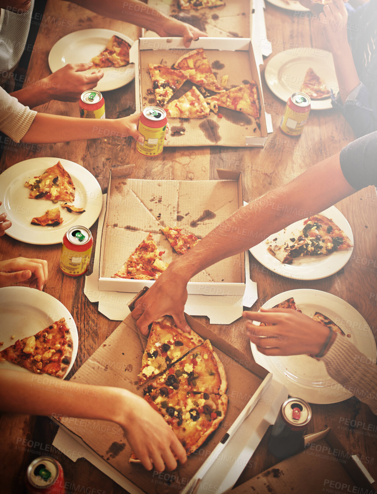 Buy stock photo Top view of pizza, hands and people with food, drink and celebration, party or social gathering event at dining table. Group of friends, fast food and pizzas in lunch, dinner and restaurant cafeteria
