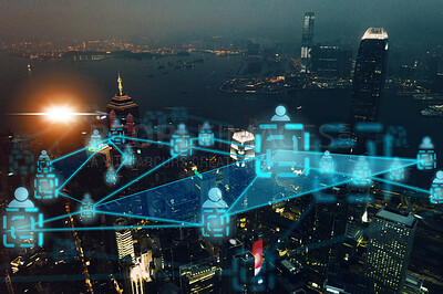 Buy stock photo Smart city, iot network and cloud computing, night drone or aerial view of buildings or skyscrapers. Overlay, infrastructure or web connection, networking icons or future big data or futuristic nodes