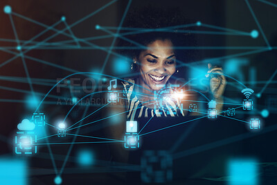 Buy stock photo Black woman, cloud computing or hologram futuristic 5g UX tech for networking, analytics or big data strategy. Business network, iot or data analysis computer AI for big data or social media app