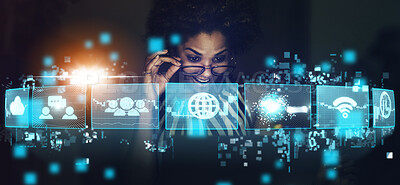 Buy stock photo Woman, networking and ai technology hologram of virtual icons for business or social communication at night. Excited female using big data, futuristic UI and UX for internet connections at the office