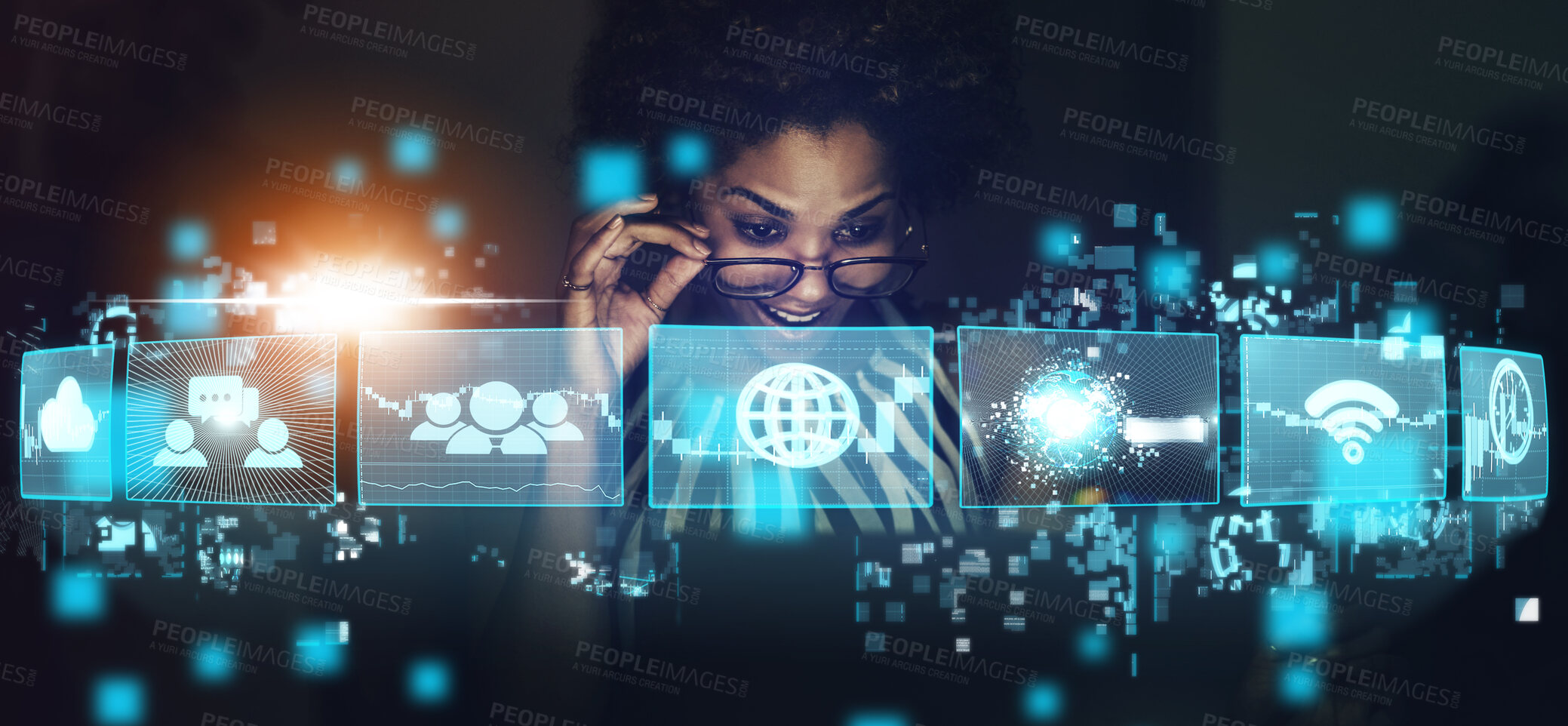 Buy stock photo Woman, networking and ai technology hologram of virtual icons for business or social communication at night. Excited female using big data, futuristic UI and UX for internet connections at the office