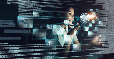 Buy stock photo Woman, futuristic technology and phone networking with big data for global communication at night. Female employee developer at work on digital transformation, cyber security and fintech overlay