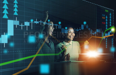 Buy stock photo Success, digital and stock market with women growth of financial trading for cryptocurrency, forex or economy. Analytics, investment and chart of future finance marketing with employees and goals