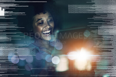 Buy stock photo Digital overlay, business black woman and tablet technology innovation light bokeh for networking, fintech stock market analytics. Success, future and big data girl on information technology software
