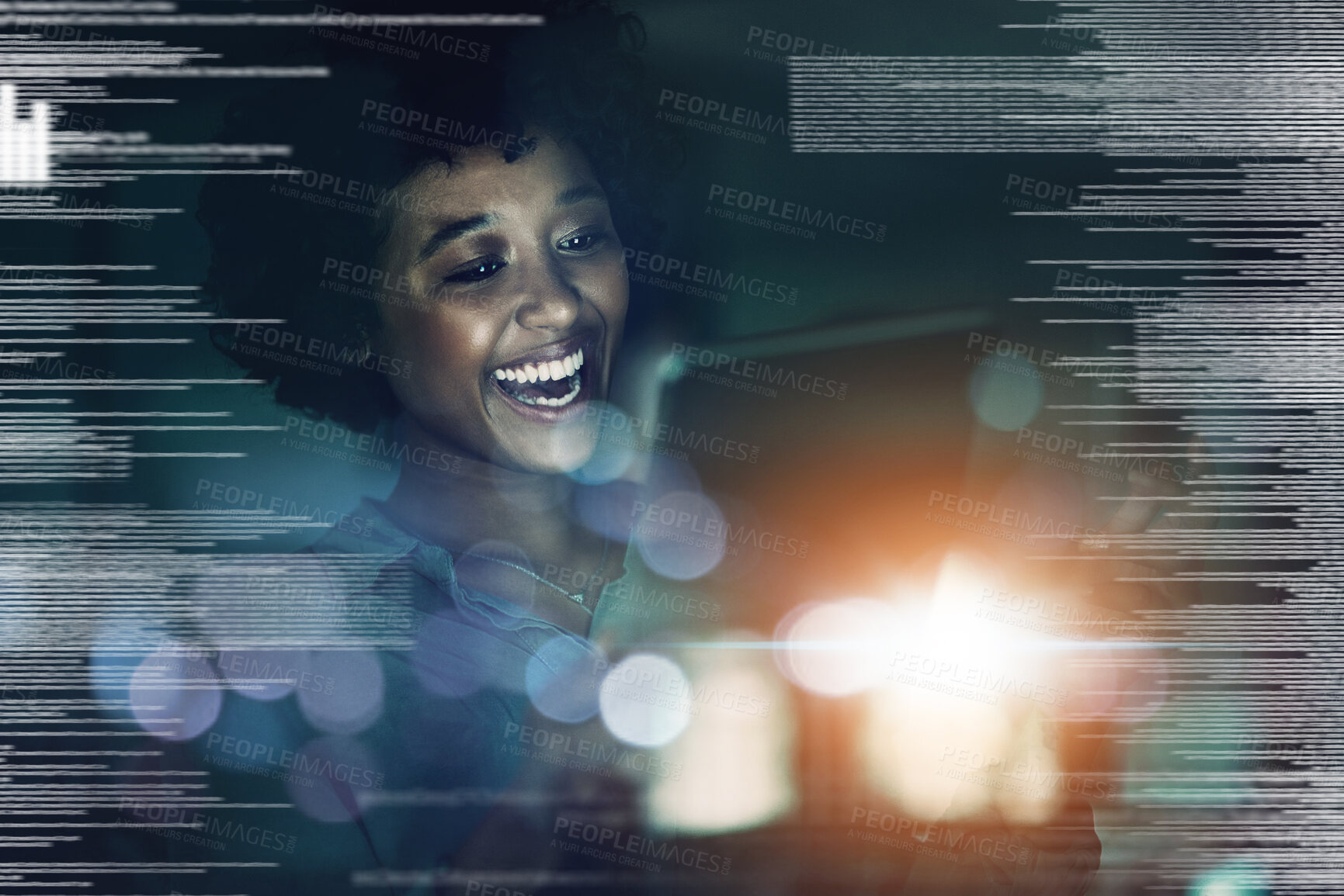 Buy stock photo Digital overlay, business black woman and tablet technology innovation light bokeh for networking, fintech stock market analytics. Success, future and big data girl on information technology software