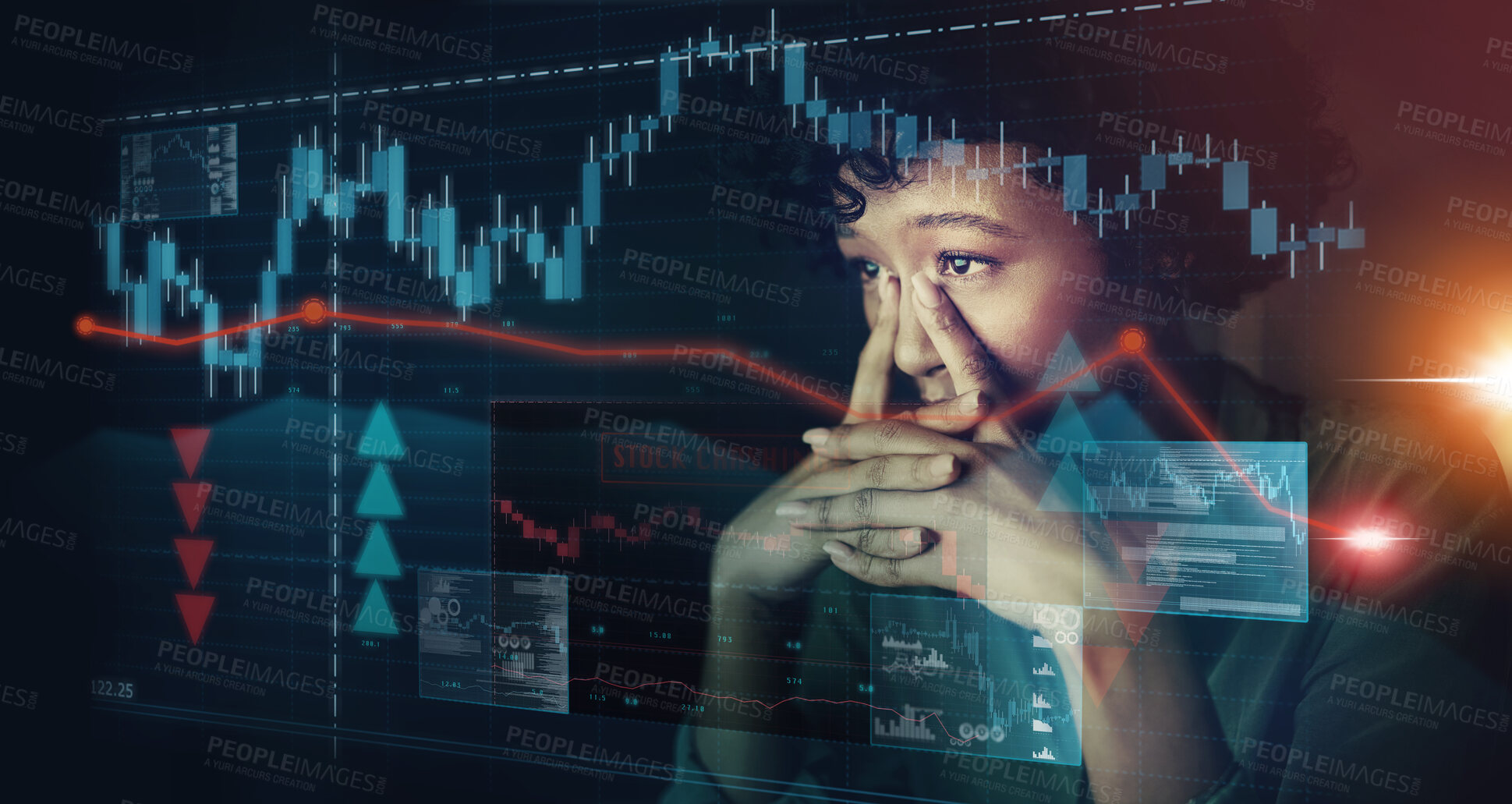Buy stock photo Stock market, cloud computing or woman with stress doing analysis on futuristic graphic hologram. Stress, mistake or financial stocks glitch on future trading overlay system with 5g network in office