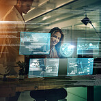 Business people, teamwork or consulting cloud computing, hologram or futuristic 5g UX tech for networking, analytics or big data strategy. Network, AI or digital information computer for big data iot