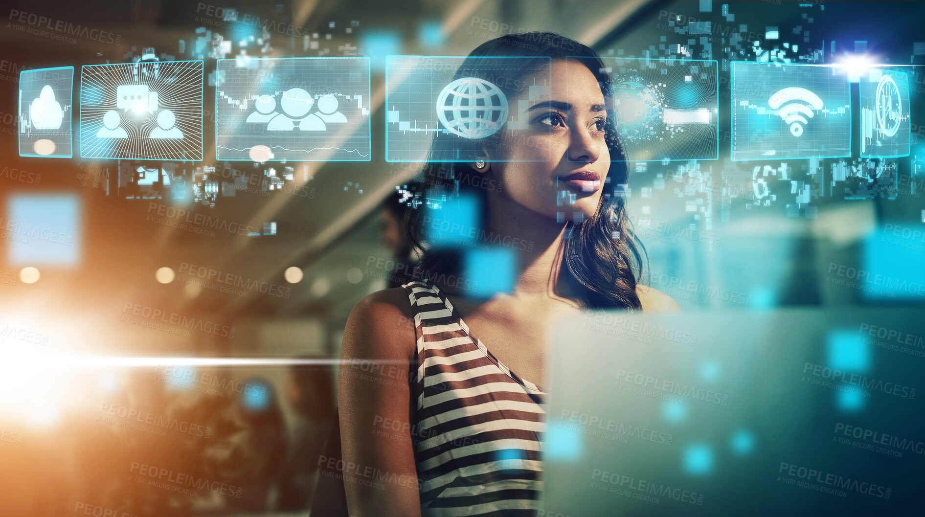 Buy stock photo Woman, digital networking and AI technology in virtual hologram icons for global communication at the office. Young businesswoman working with a vision for big data, network or fintech media at night