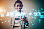 Digital ai, phone and black woman on social media against a grey mockup studio background. Network, connection and business worker with smartphone for virtual communication and futuristic cgi on web