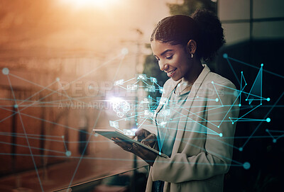 Buy stock photo Futuristic, social network app or woman with tablet hologram of world user data or global analytics. Mobile tech ux, ui or business black woman with web internet, social media and future digital info