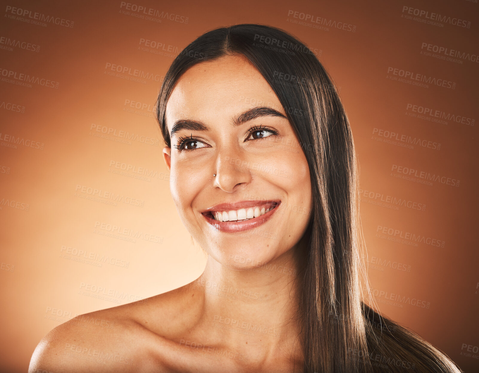 Buy stock photo Makeup, woman and skincare for wellness, smile and natural beauty on brown studio background. Portrait, young female and girl with organic facial, cosmetics and face detox for smooth and clear skin.