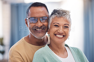 Buy stock photo Portrait, love and senior couple hug with smile, loving and romantic together in lounge. Mexico, mature man and elderly woman embrace, happiness and bonding for relationship, marriage and cheerful.