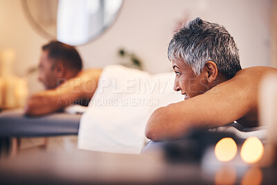 Buy stock photo Senior woman, spa and man on massage bed with happiness, peace and relax for health getaway. Couple, wellness and physical therapy in salon, holistic body treatment and blurred background in Jakarta