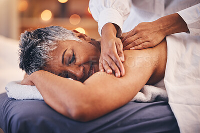 Buy stock photo Beauty spa, massage and senior woman relax and enjoy body care treatment in massage therapy. Relaxation, wellbeing and massage therapist with bodycare for mature lady sleeping on a bed 