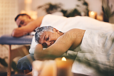 Buy stock photo Woman, spa and couple massage for relax, peace and skincare wellness at holiday resort. Calm, mature and sleeping lady on luxury salon bed with partner for rich therapy, zen healing or body cosmetics