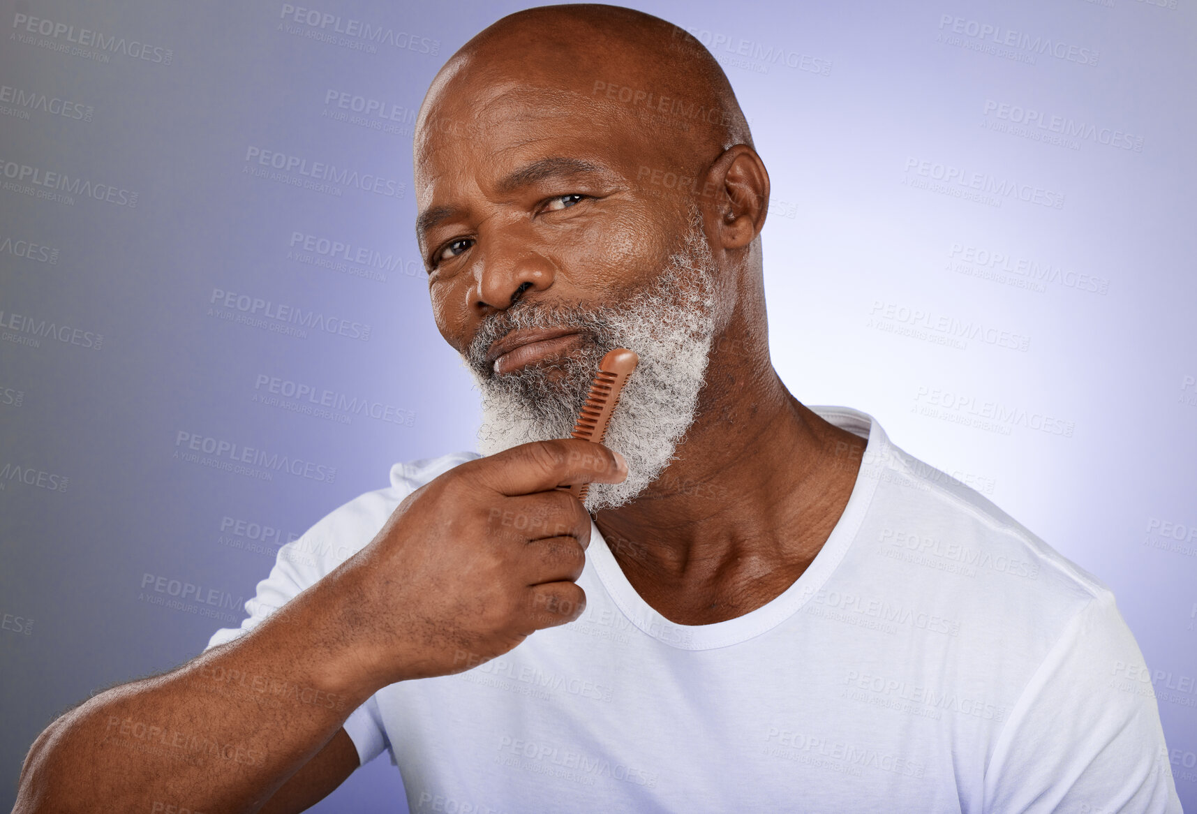 Buy stock photo Face, senior man and beard comb in studio isolated on a purple background. Portrait, retirement and hair care of elderly black man holding facial hair product for grooming, fresh hygiene and wellness