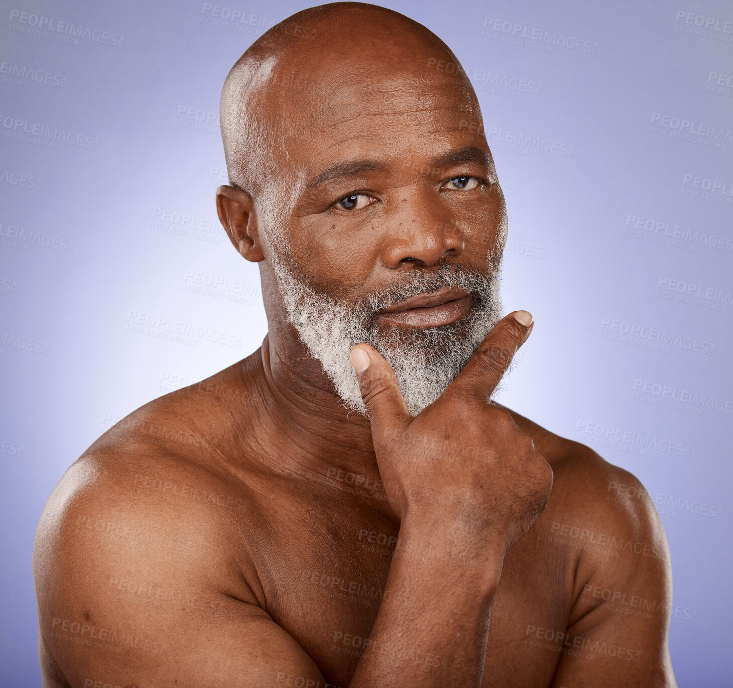 Buy stock photo Skincare, beauty and senior portrait of model satisfied with anti aging routine, healthcare and natural cosmetics. Dermatology, spa salon and face of elderly black man happy with facial healthcare