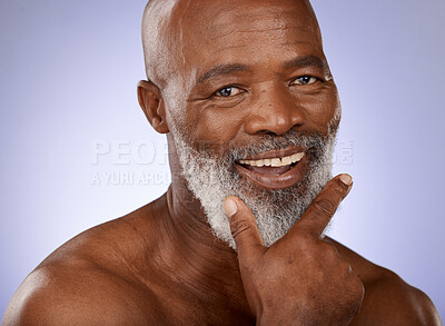 Buy stock photo Portrait, skincare and black man with beard, wellness and natural beauty on studio background. Cosmetics, happy senior gentleman and African American male with organic facial, smooth and clear skin.